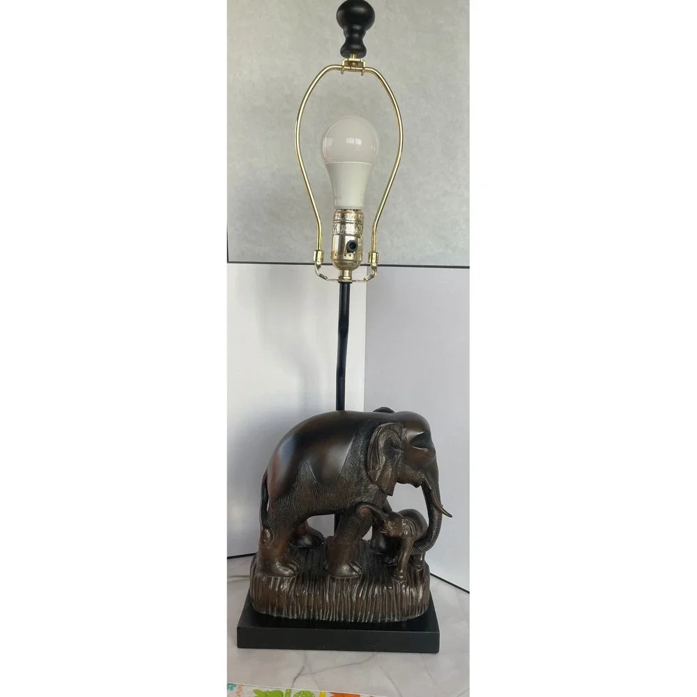 Vintage Mid-Century Bronze‎ Style Mother and Baby Elephant Sculptural Table Lamp